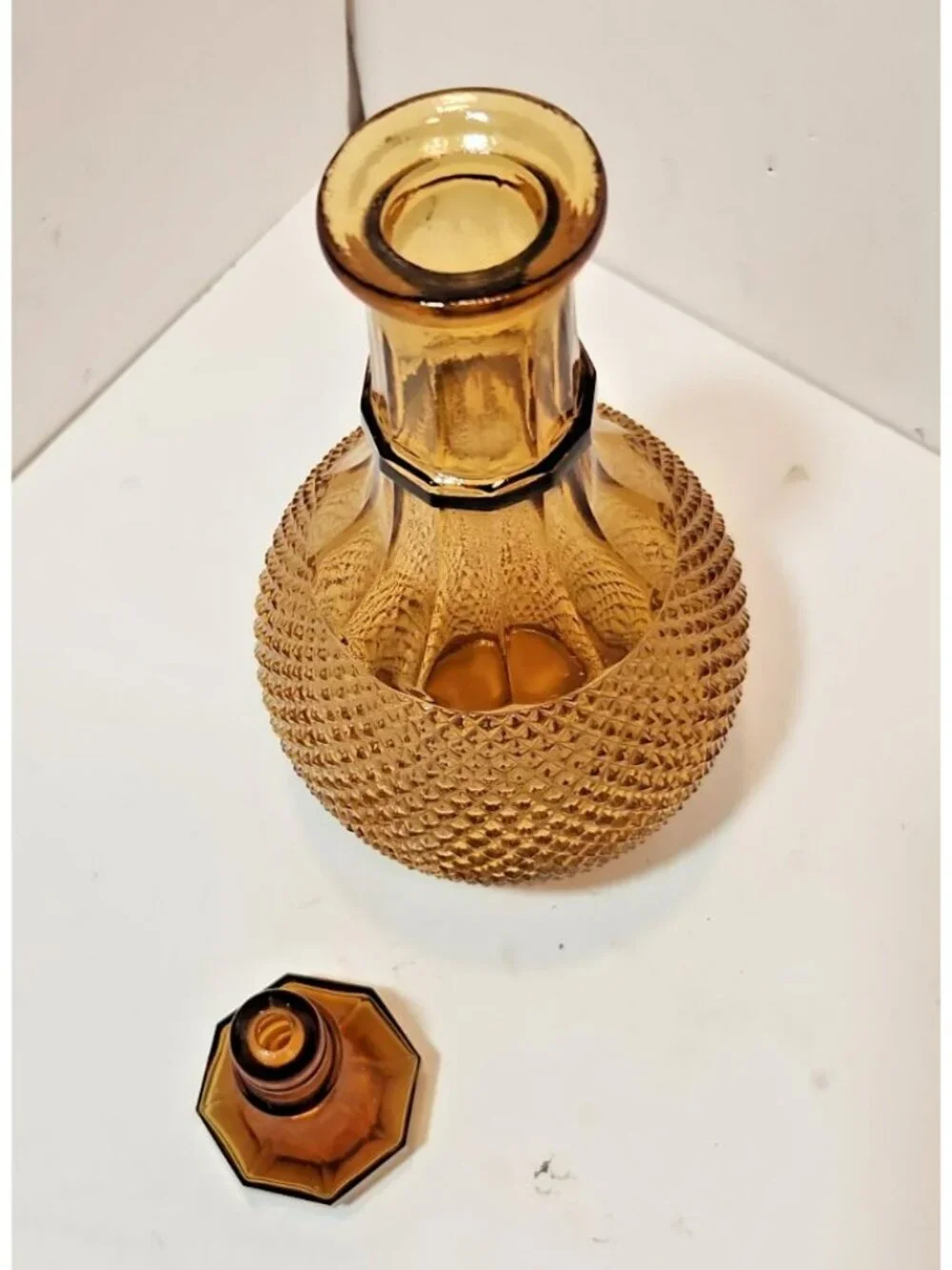 Vintage 1960's Amber Colored Hobnail Glass Wine/Liquor Decanter Bottle w/Stopper